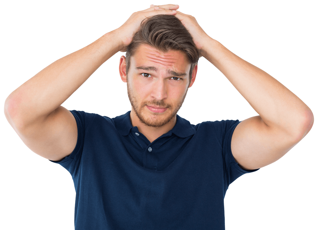 Transparent Background Confused Young Man Touching Head