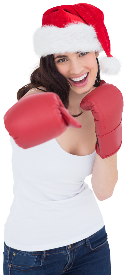 Smiling Woman in Santa Hat and Boxing Gloves on Transparent Background - Download Free Stock Images Pikwizard.com