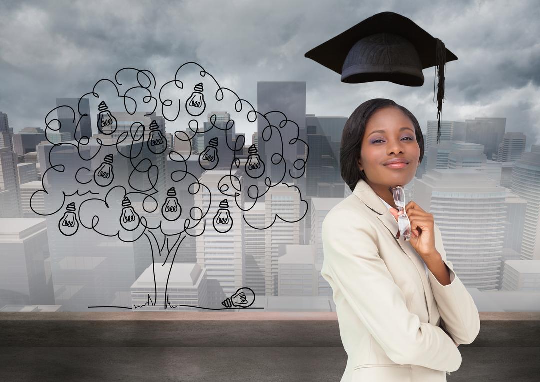 Confident Businesswoman with Graduation Cap and Idea Tree in Cityscape - Free Images, Stock Photos and Pictures on Pikwizard.com