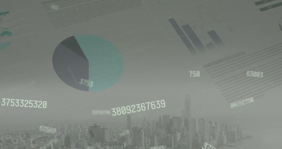 Abstract Financial Data Overlay on Cityscape at Dusk