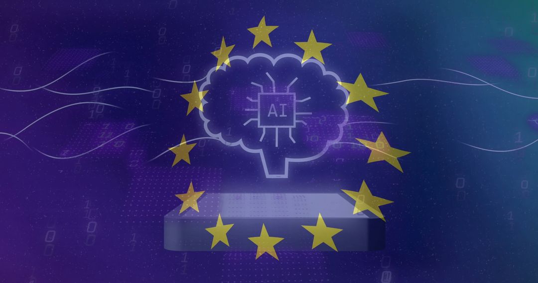 AI Brain with Microchip and EU Stars on Digital Background