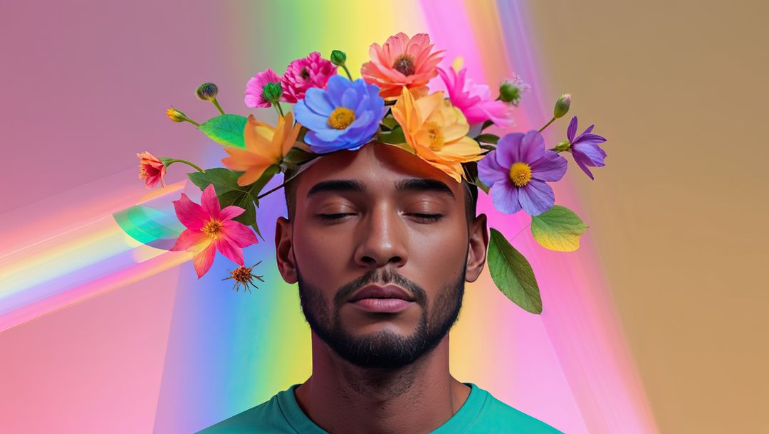 Serene Male Model with Floral Crown and Rainbow Glow
