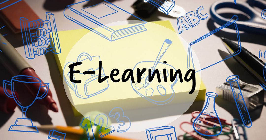 Creative E-Learning Concept with School Supplies on Desk