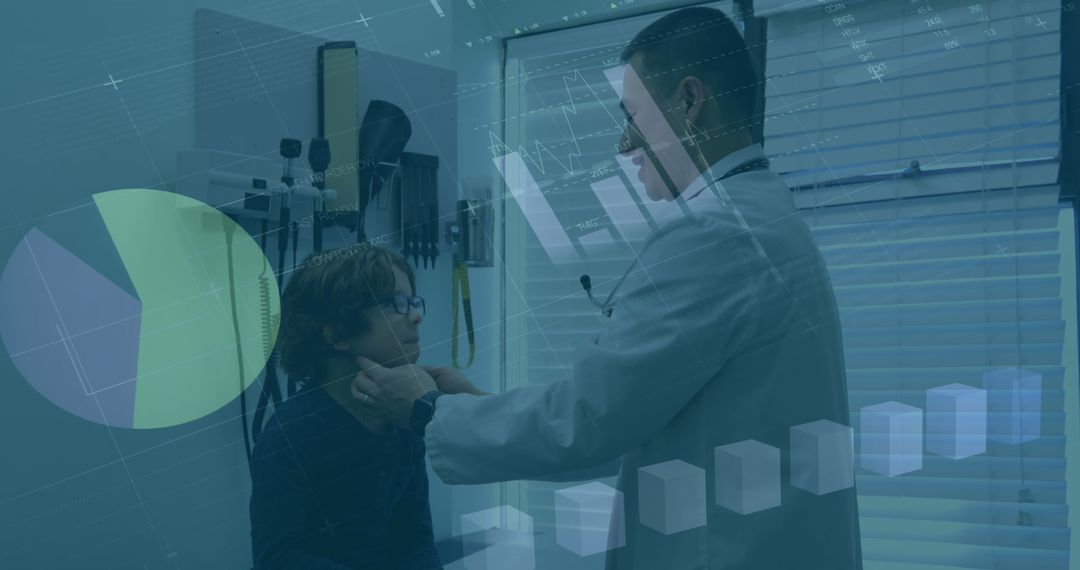 Doctor Examining Patient Overlaid with Financial Data Graphics