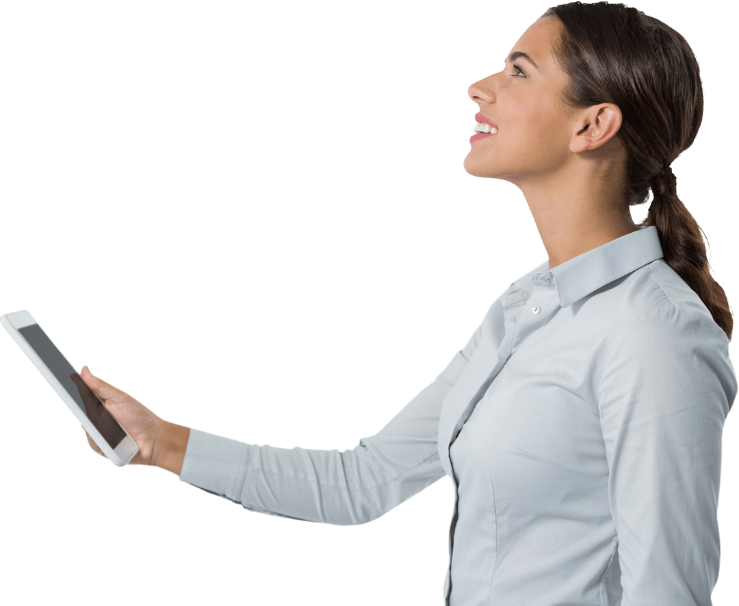 Businesswoman with Digital Tablet on Transparent Background Smiling Upward