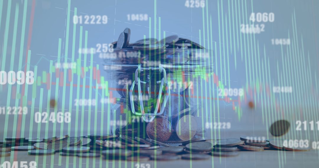 Financial Data Trends Overlaying Coins Symbolizing Investment