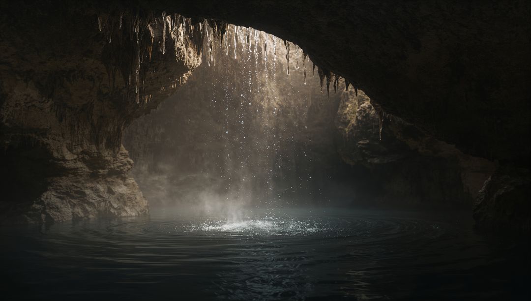 Sunlit Limestone Cavern with Dripping Stalactites and Falling Water Droplets