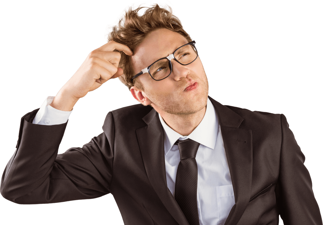 Geeky Businessman Scratching Head with Glasses Transparant Background