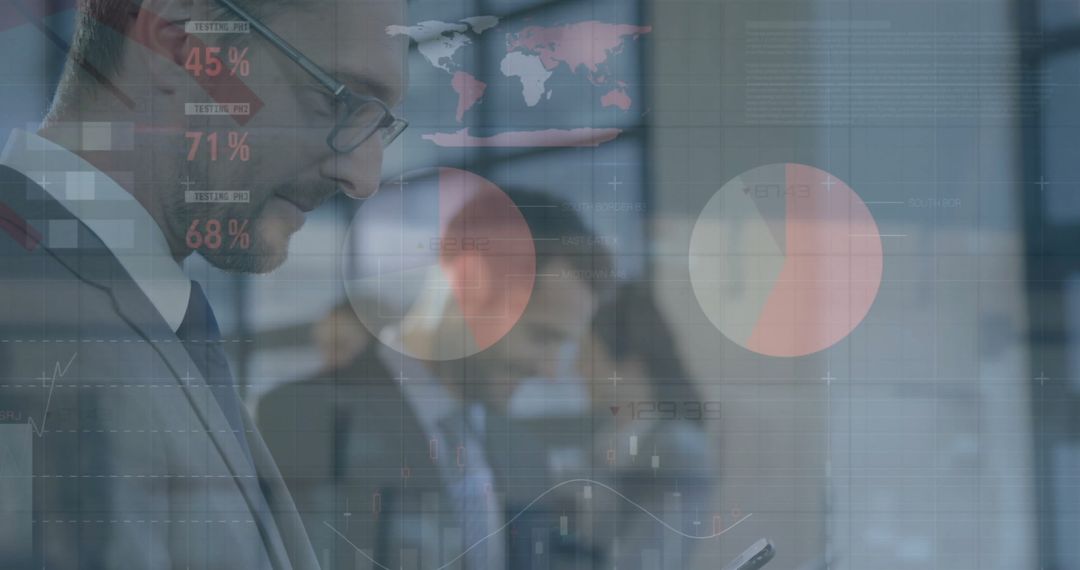 Diverse Team Analyzing Global Finance with Digital Overlay