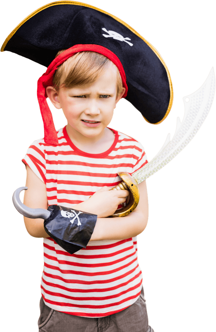 Cute Young Pirate Boy with Hat and Prop Sword on Transparent Background