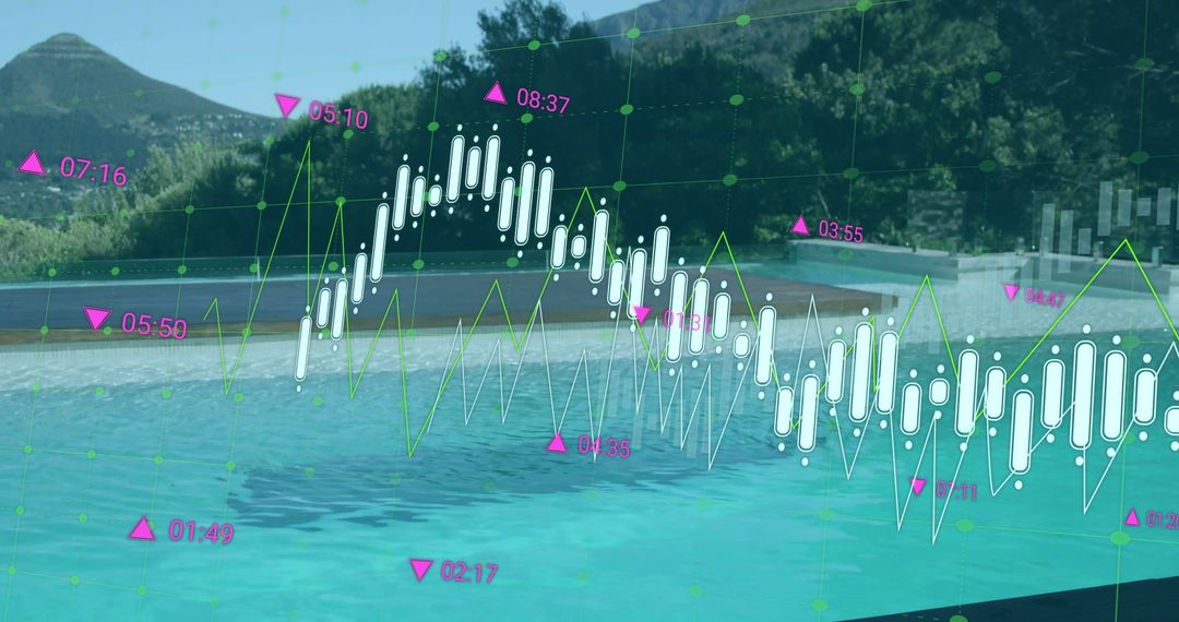 Luxury Poolside Resort with Modern Neon Graph Overlay