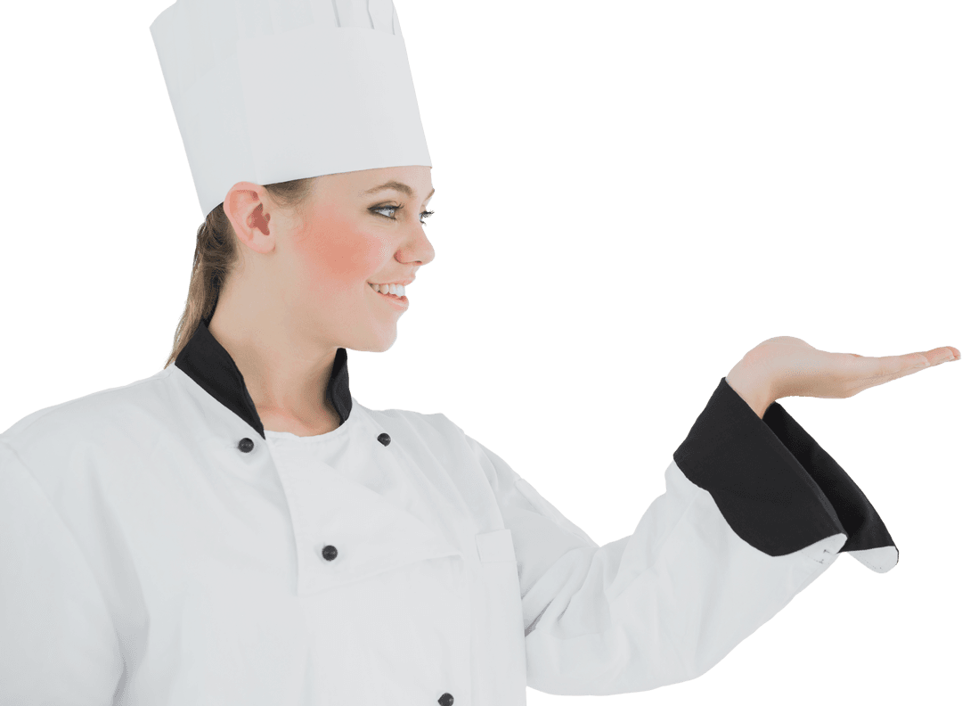 Smiling Woman Chef on Transparent Background Holding Palm Up