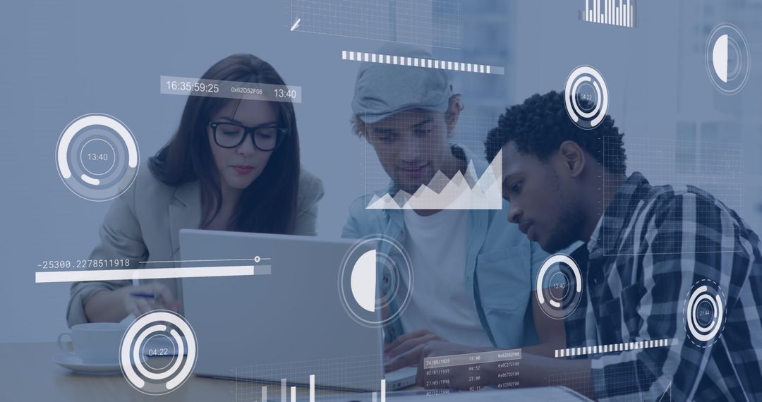 Diverse Business Team Engaged in Data Analysis with Virtual Interface Icons
