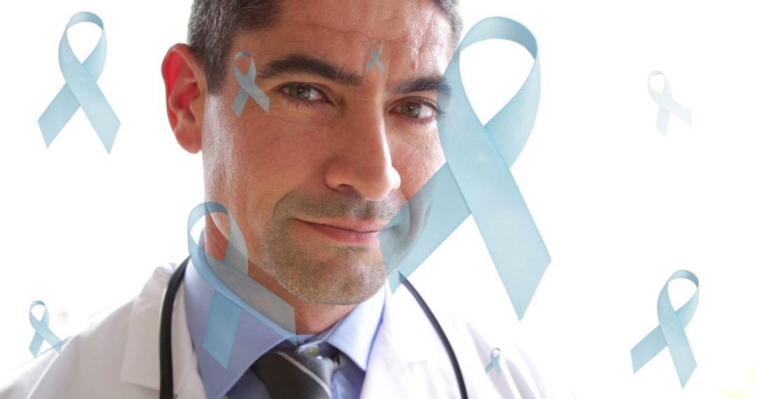 Smiling Male Doctor with Overlaid Blue Ribbons
