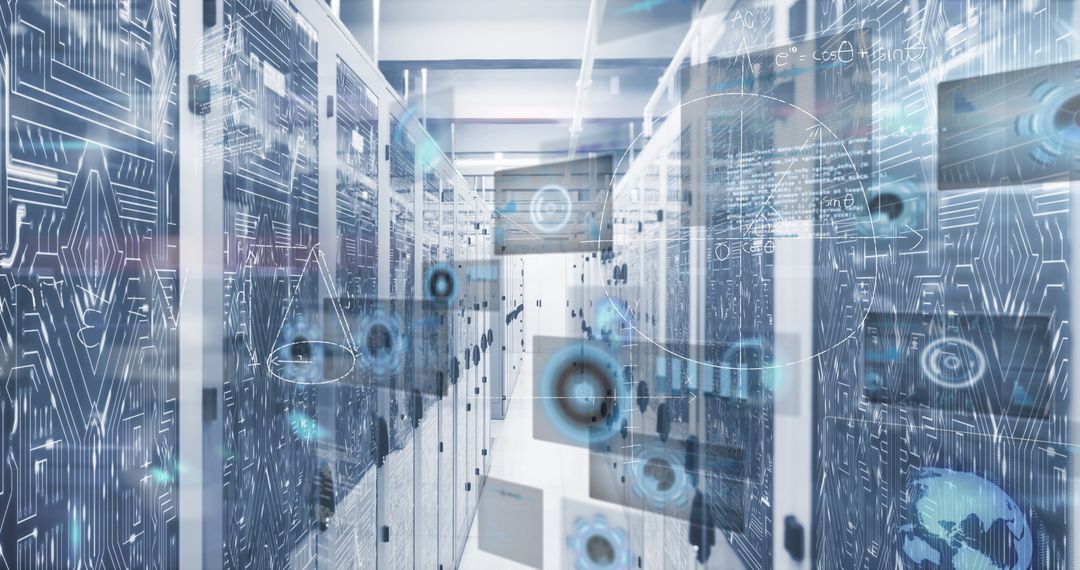 Futuristic Server Room with Holographic Digital Interface