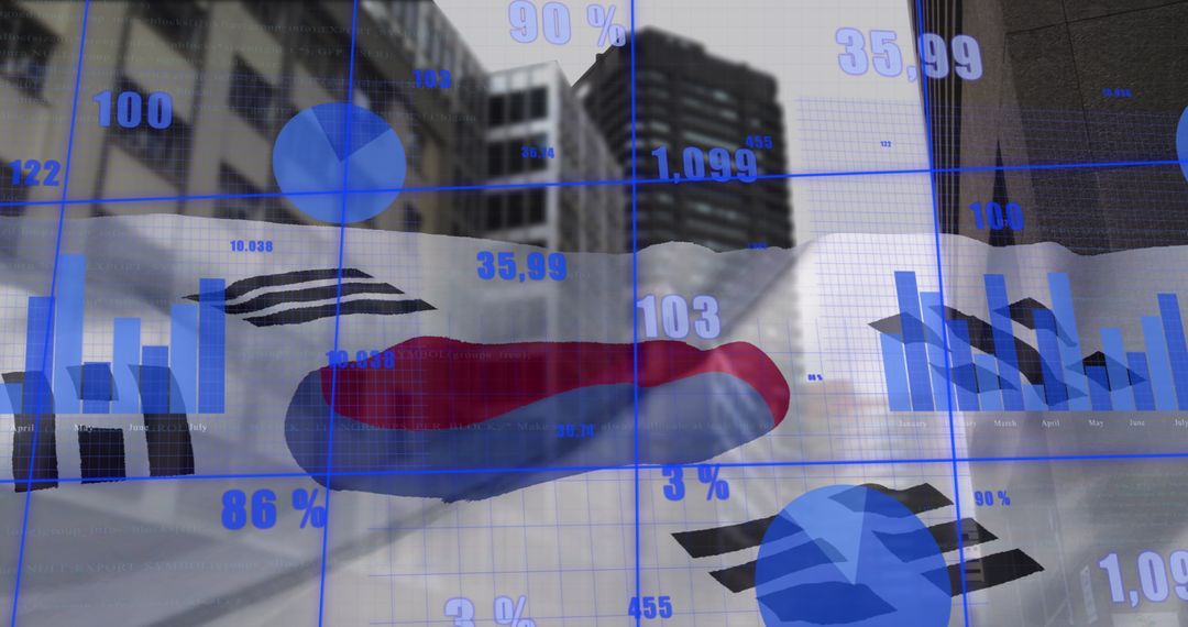 South Korea Flag and Stock Market Graphics Over Urban Skyline