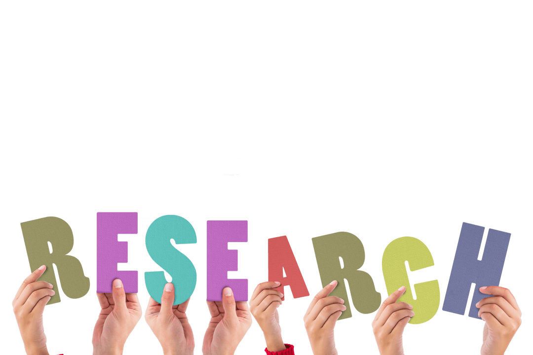 Hands Holding Colorful Research Text on Transparent Background