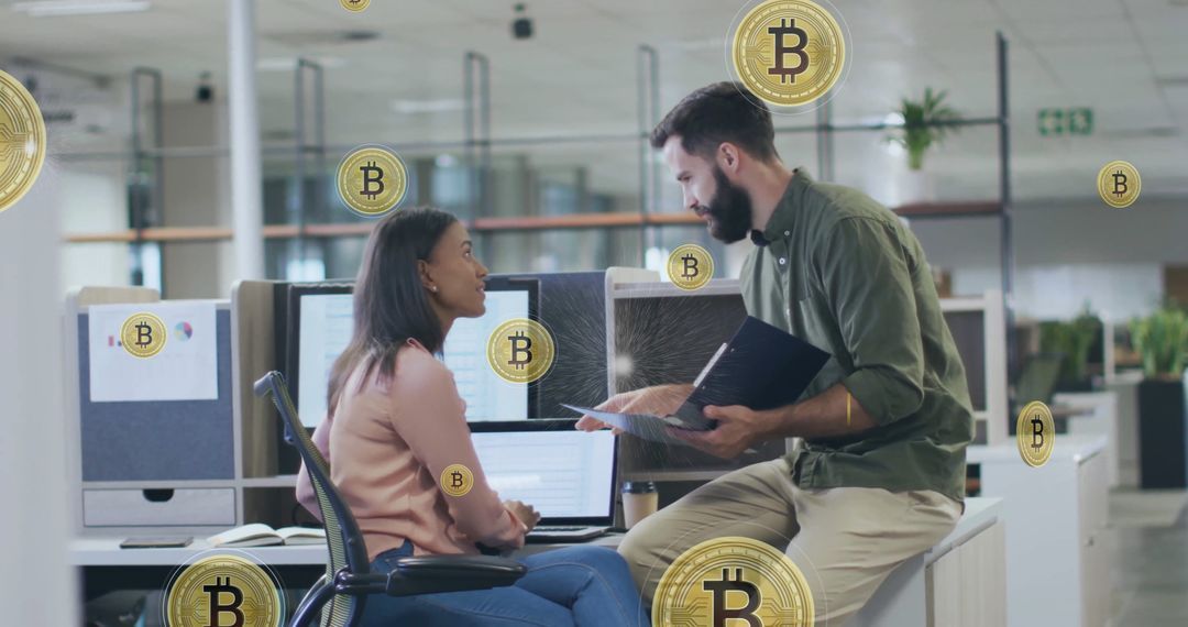 Colleagues Discussing Bitcoin and Digital Currency in Modern Office