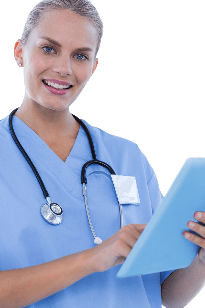 Smiling Medical Doctor with Tablet on Transparent Background
