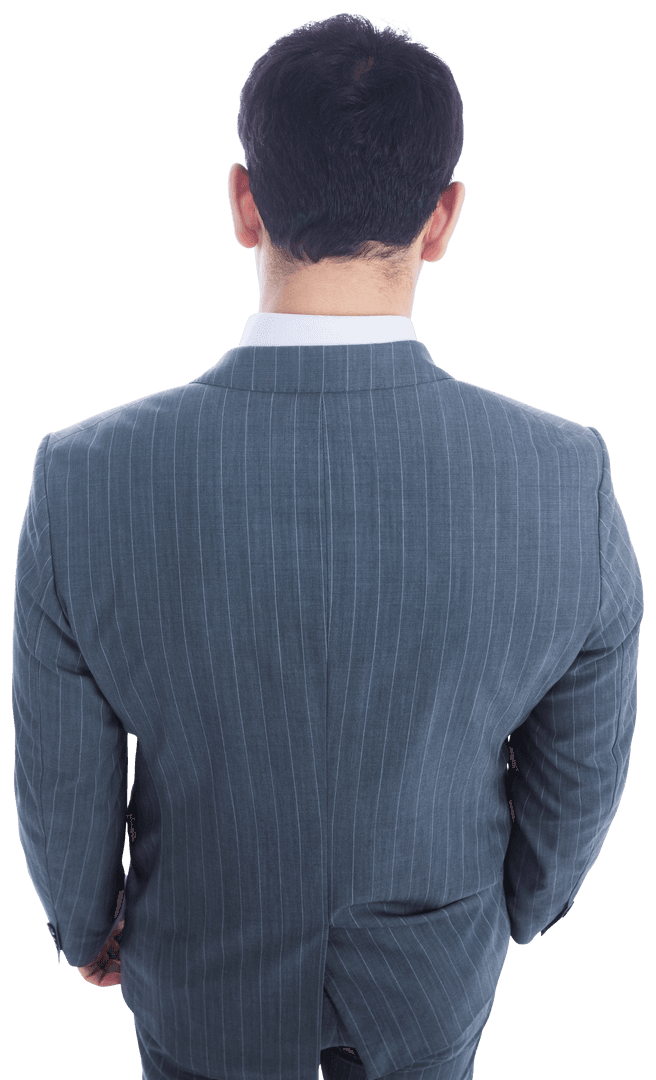 Rear View of Biracial Businessman in Pinstriped Suit on Transparent Background