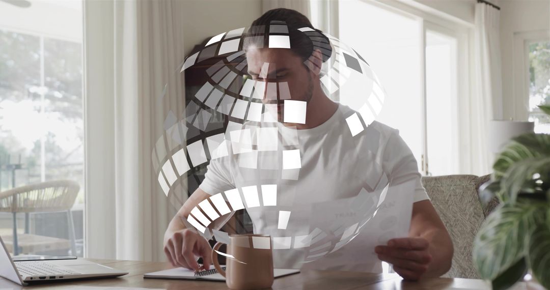 Home Office Productivity with Augmented Reality Overlay, Man Reviewing Documents