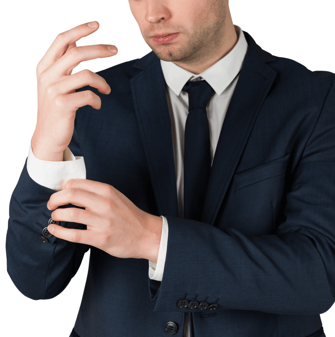 Transparent Businessman Adjusting Cuffs in Professional Attire