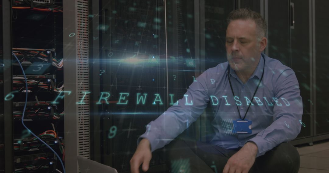 Technician Analyzing Firewall Security in Data Center