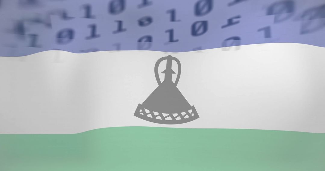 Lesotho Flag with Digital Binary Overlay and Mokorotlo Symbol