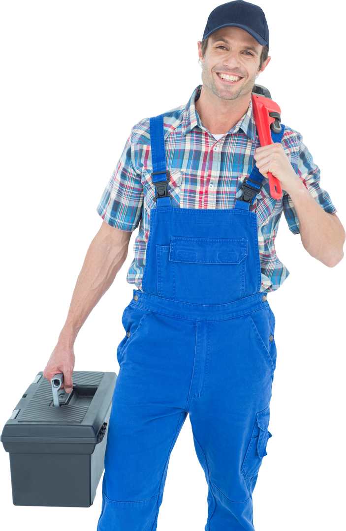 Smiling Plumber Holding Toolbox and Monkey Wrench on Transparent Background - Download Free Stock Images Pikwizard.com