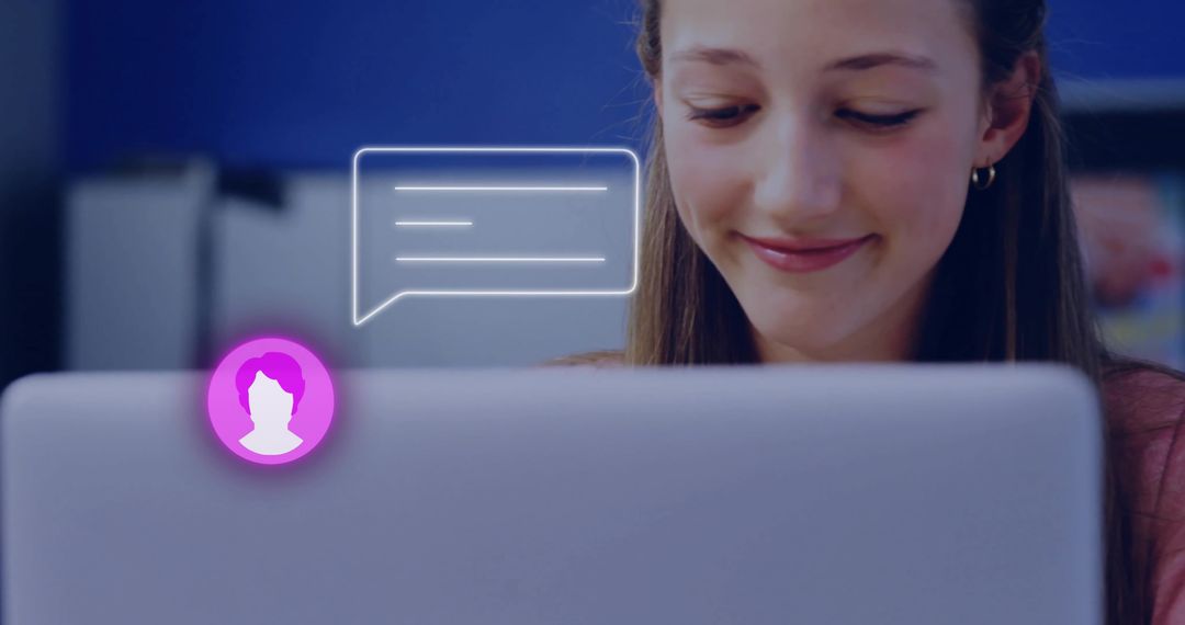 Teen girl smiling while chatting on laptop with glowing avatar and digital chat bubble
