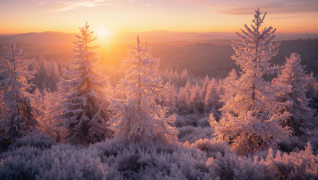 Sunrise Bathing Frost-Covered Conifers in Pink-Gold Light on Snowy Hill and Misty Valley