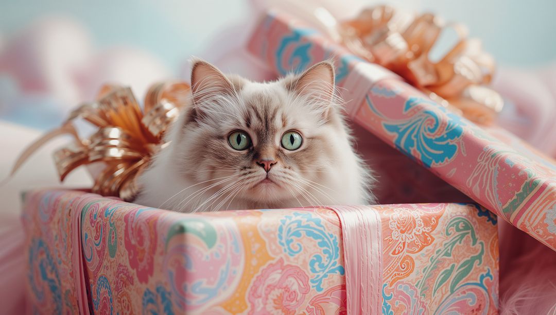 Adorable Fluffy Cat Sitting in Decorative Gift Box with Pattern
