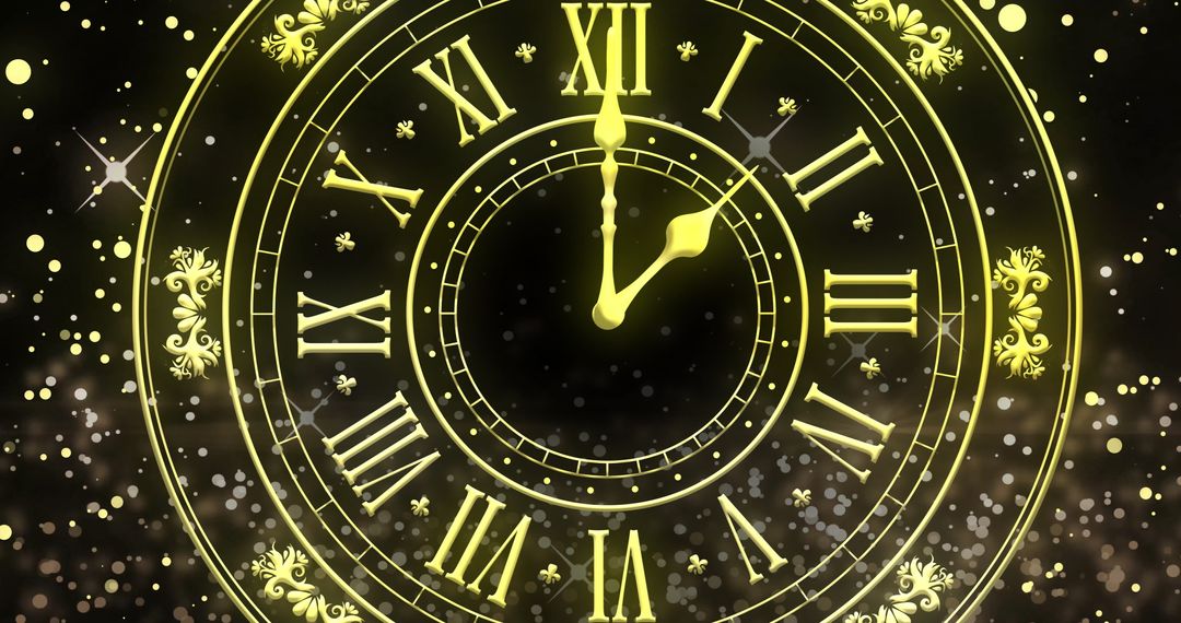 Vintage Clock Strikes Midnight Amidst Sparkling Fireworks