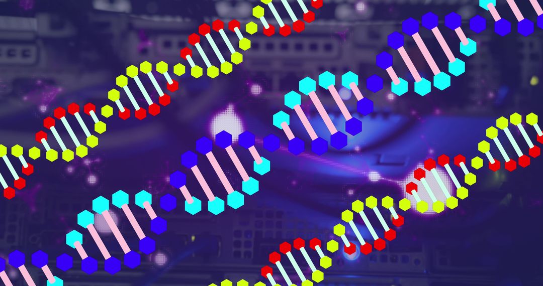 Colorful DNA Strands Overlapping Futuristic Server Technology