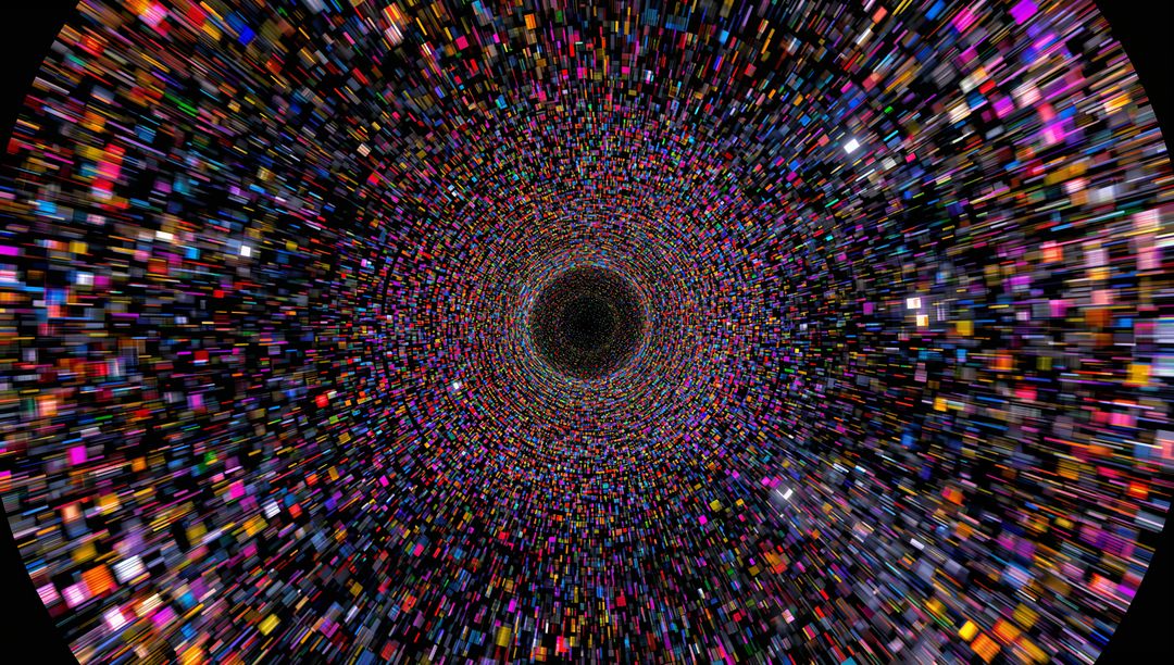 Spinning Neon Data Vortex Receding Toward Dark Digital Tunnel Pixelated Concentric Rings