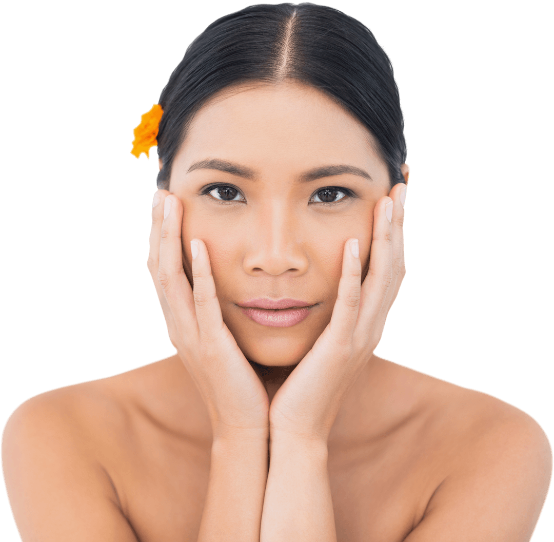 Elegant Woman Gently Touching Face on Transparent Background