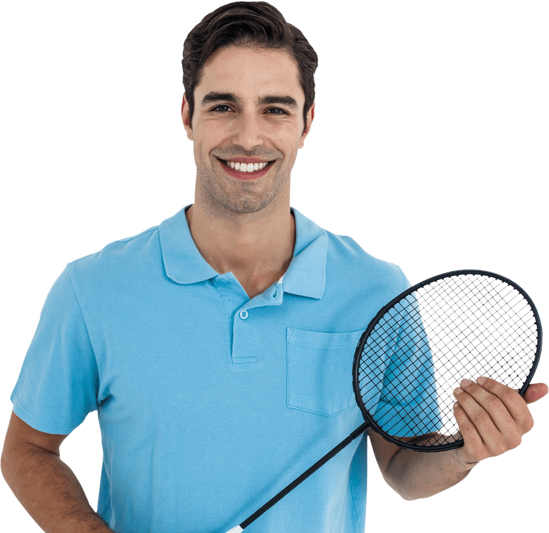 Smiling Male Badminton Player Holding Racket on Transparent Background