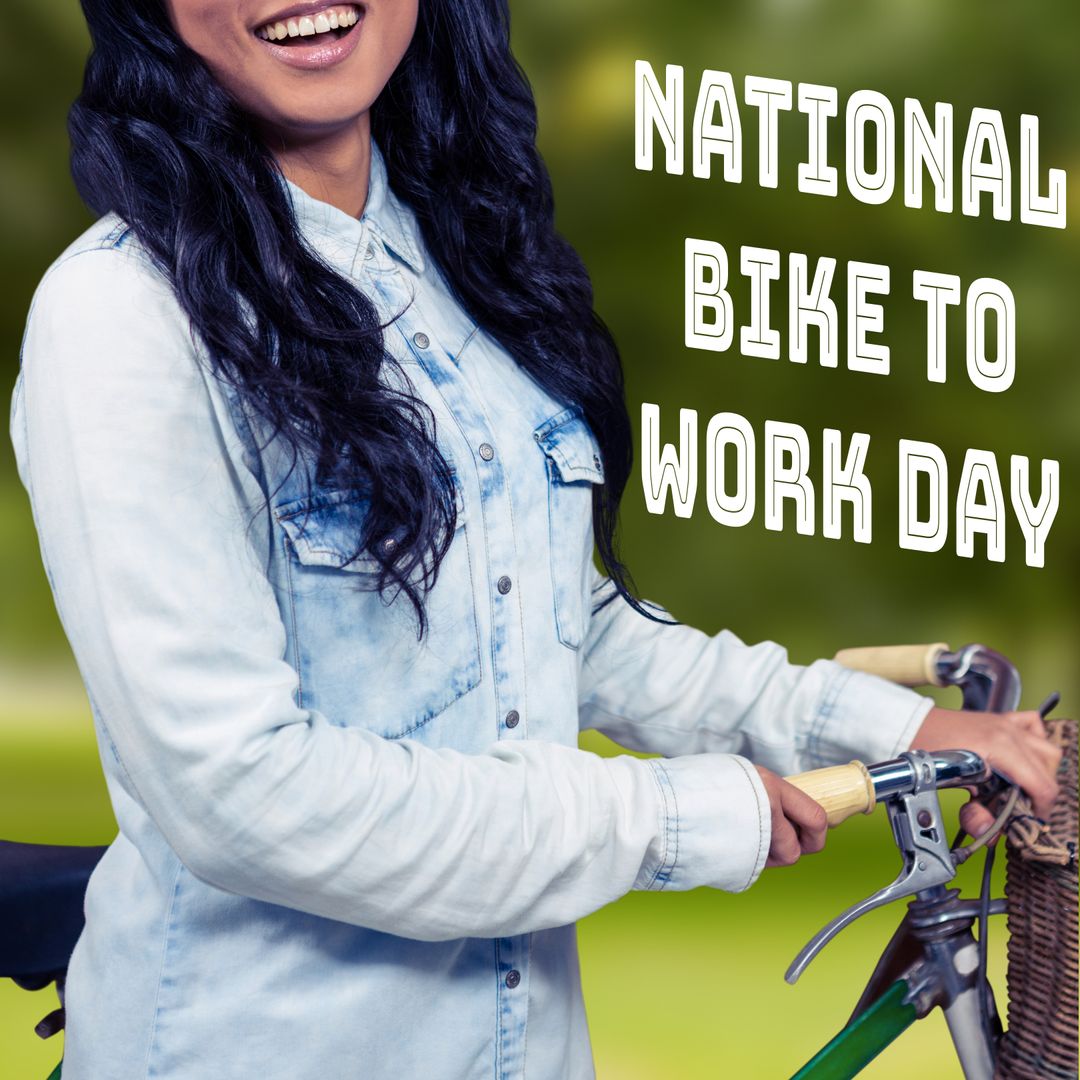 Woman Celebrating National Bike to Work Day with Bicycle Outdoors