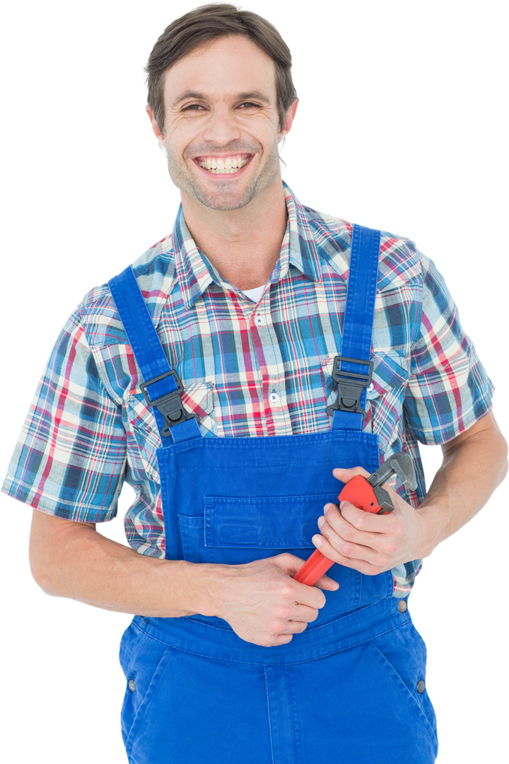 Smiling Plumber Holding Wrench in Blue Overalls on Transparent Background - Download Free Stock Images Pikwizard.com