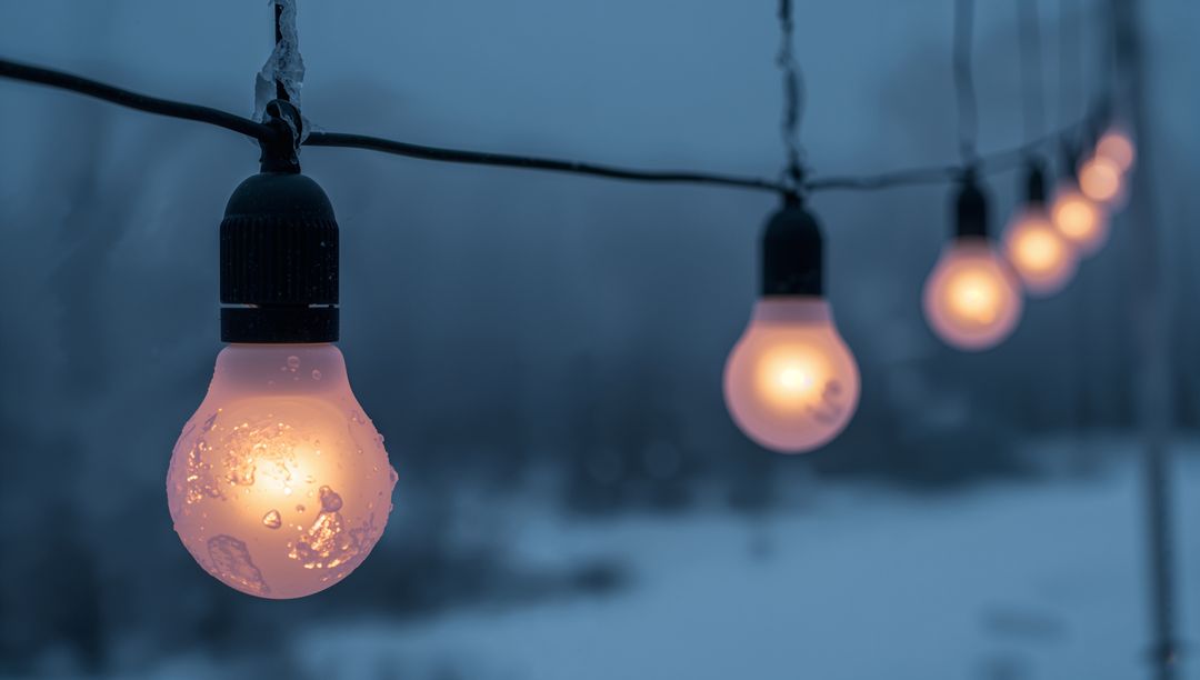 Frosted string lights glowing over snow-covered yard at dusk with ice droplets on bulbs