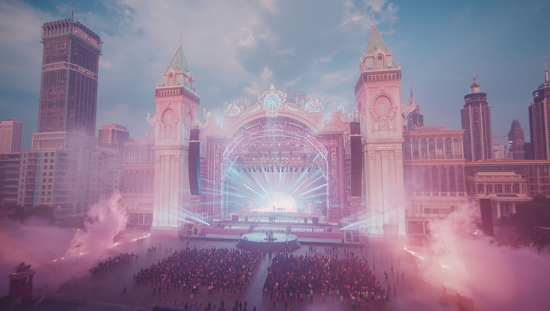 Grand Concert Stage Illuminated with Lasers and Colorful Fog in Urban Plaza