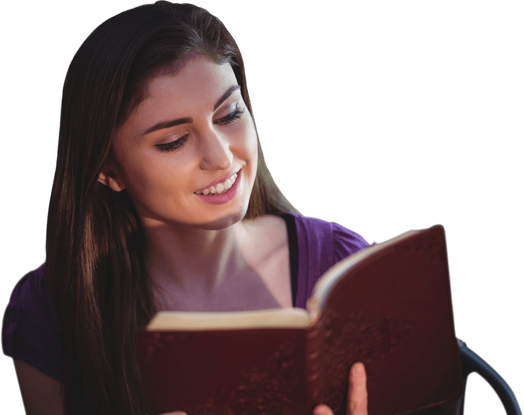 Young Woman Happily Reading from Transparent Background Book