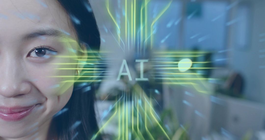 Smiling Woman in Tech-based Workspace Highlighting AI Innovation