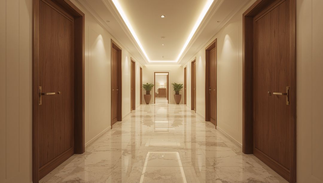 Luxurious Symmetric Hotel Corridor with Marble Floor and Ambient Cove Lighting