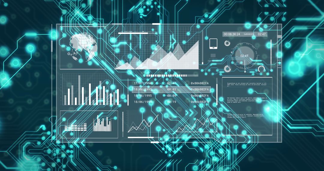 Abstract Circuit Board Overlay with Data Charts