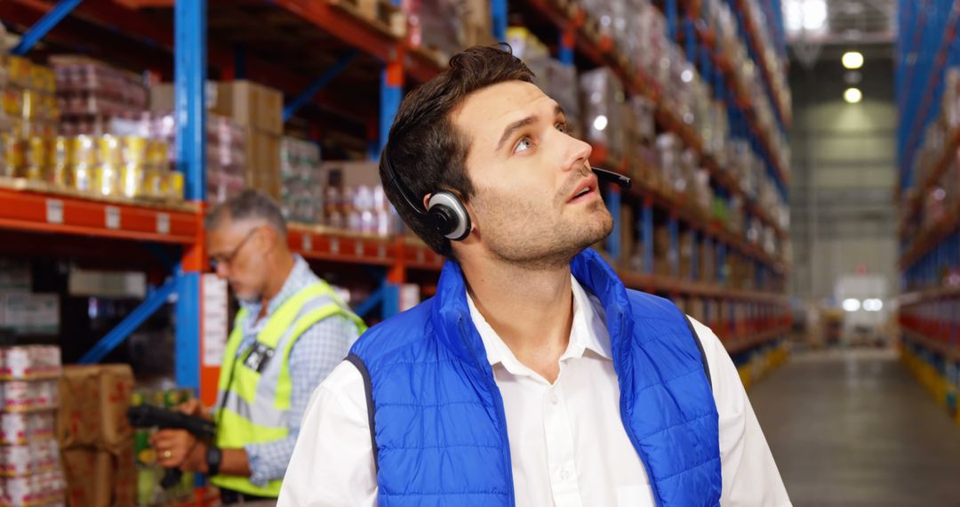 Warehouse Worker Using Headset while Managing Inventory - Free Images, Stock Photos and Pictures on Pikwizard.com