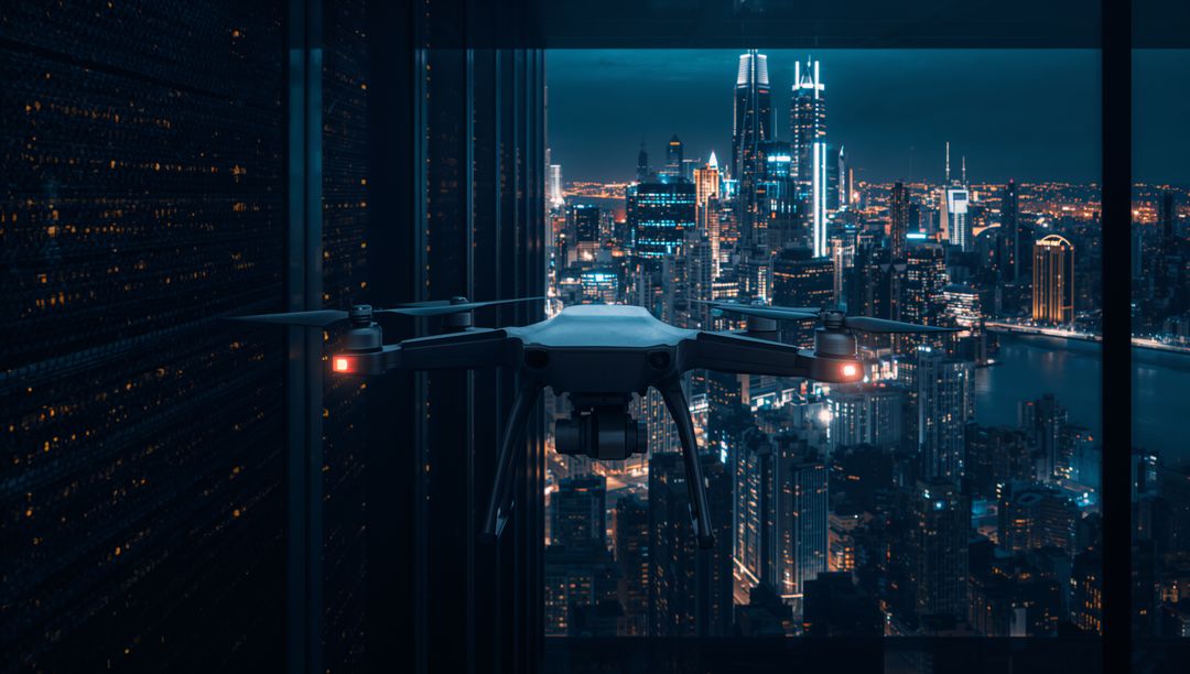 Hovering Quadcopter Drone Over Urban Night Skyline With River Reflections and Glass Facade