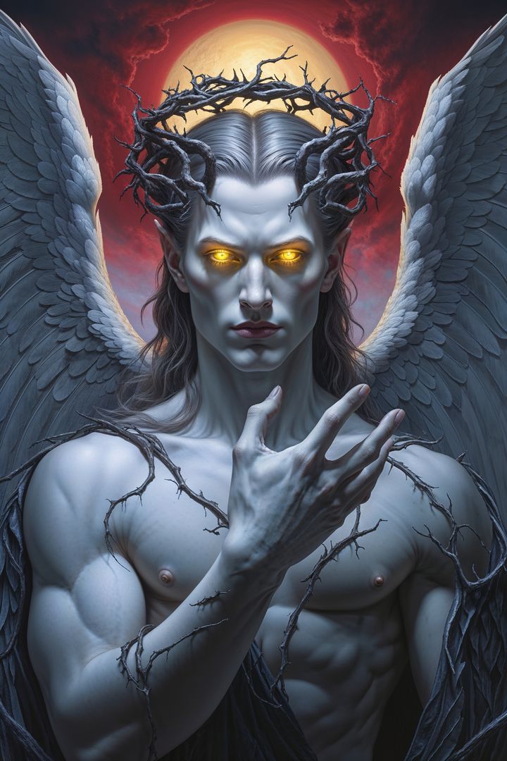 Majestic winged satan with luminous eyes under moonlit red sky