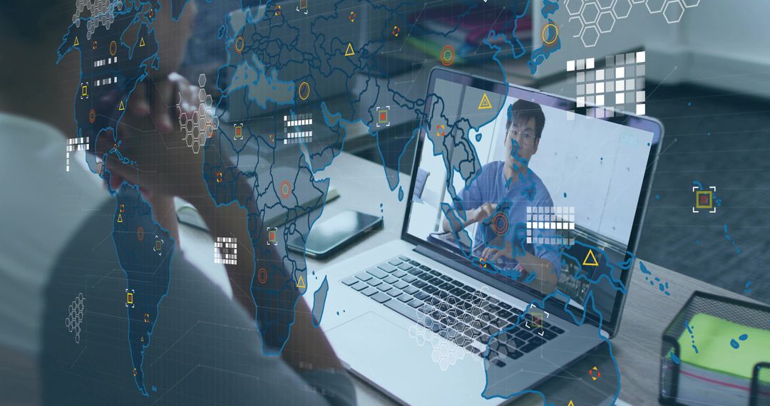 Virtual Meeting in Modern Home Office with Global Connection Overlay