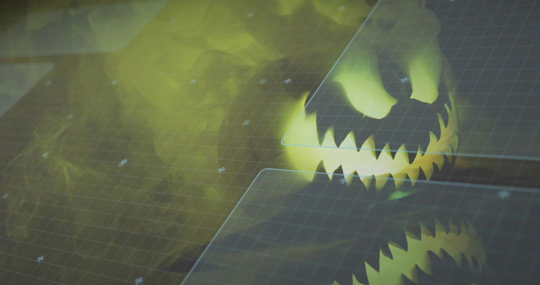 Glowing jack-o-lantern face hovering over reflective grid with neon green fog and mist